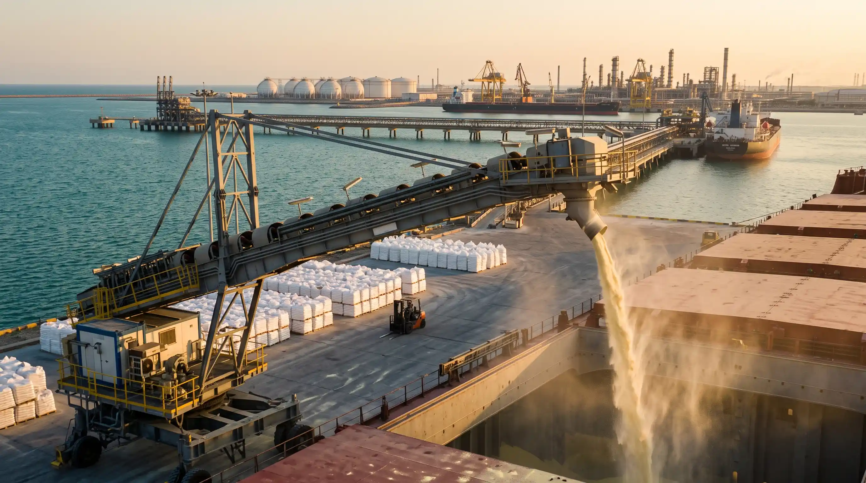 petrochemical-export-guide-2 تانکر شیمیایی در حال بارگیری متانول در اسکله صنعتی با پسزمینه مخازن ذخیرهسازی پتروشیمی