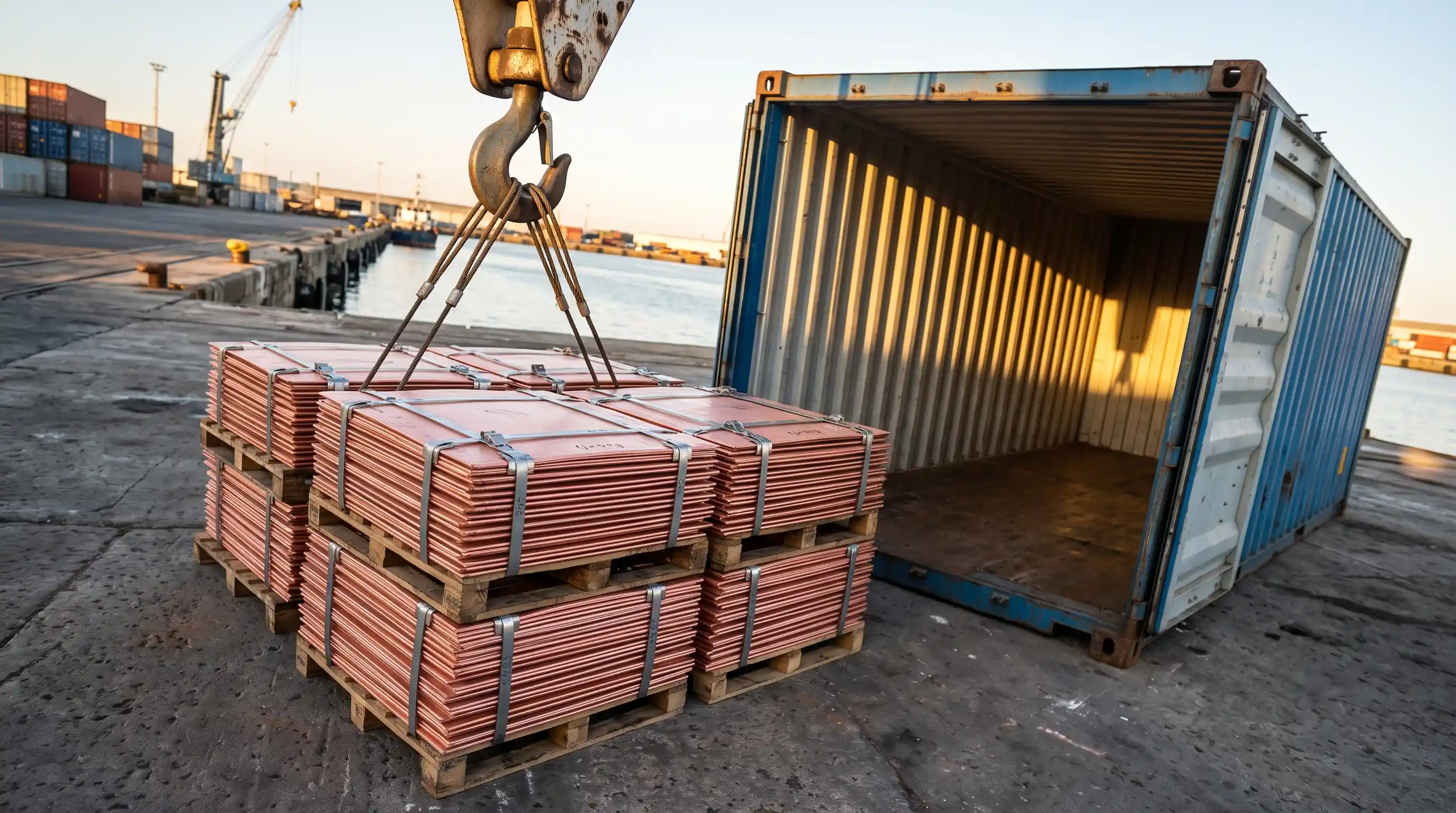 copper-cathode-standards2 بستههای ورق کاتد مس Grade A با تسمه فولادی، آماده بارگیری کانتینر در بندر صادراتی