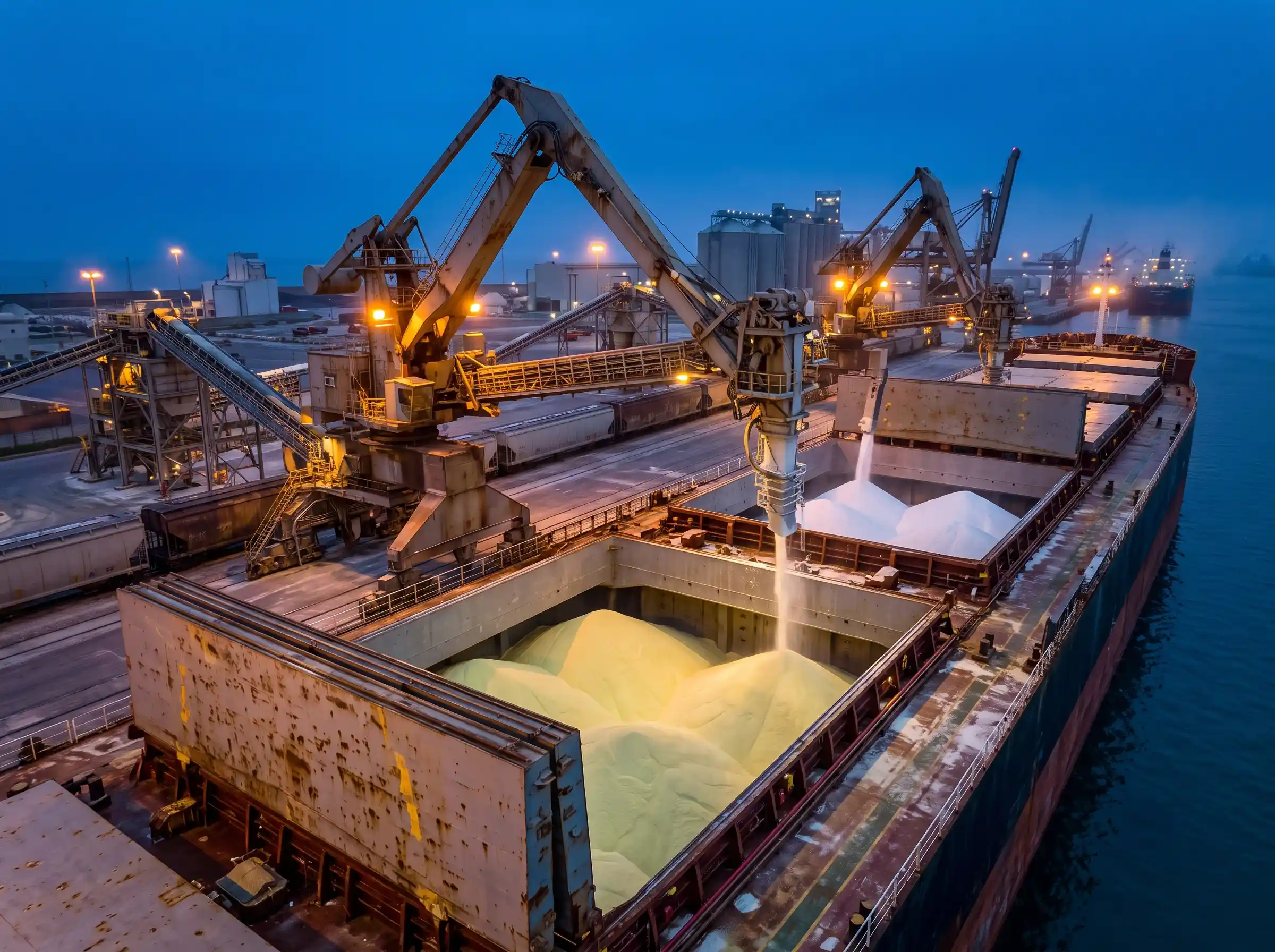 industrial export port with bulk carriers loading urea and sulfur نمای صنعتی بندر صادراتی ایران با کشتیهای فلهبر در حال بارگیری محمولههای اوره و گوگرد گرانول
