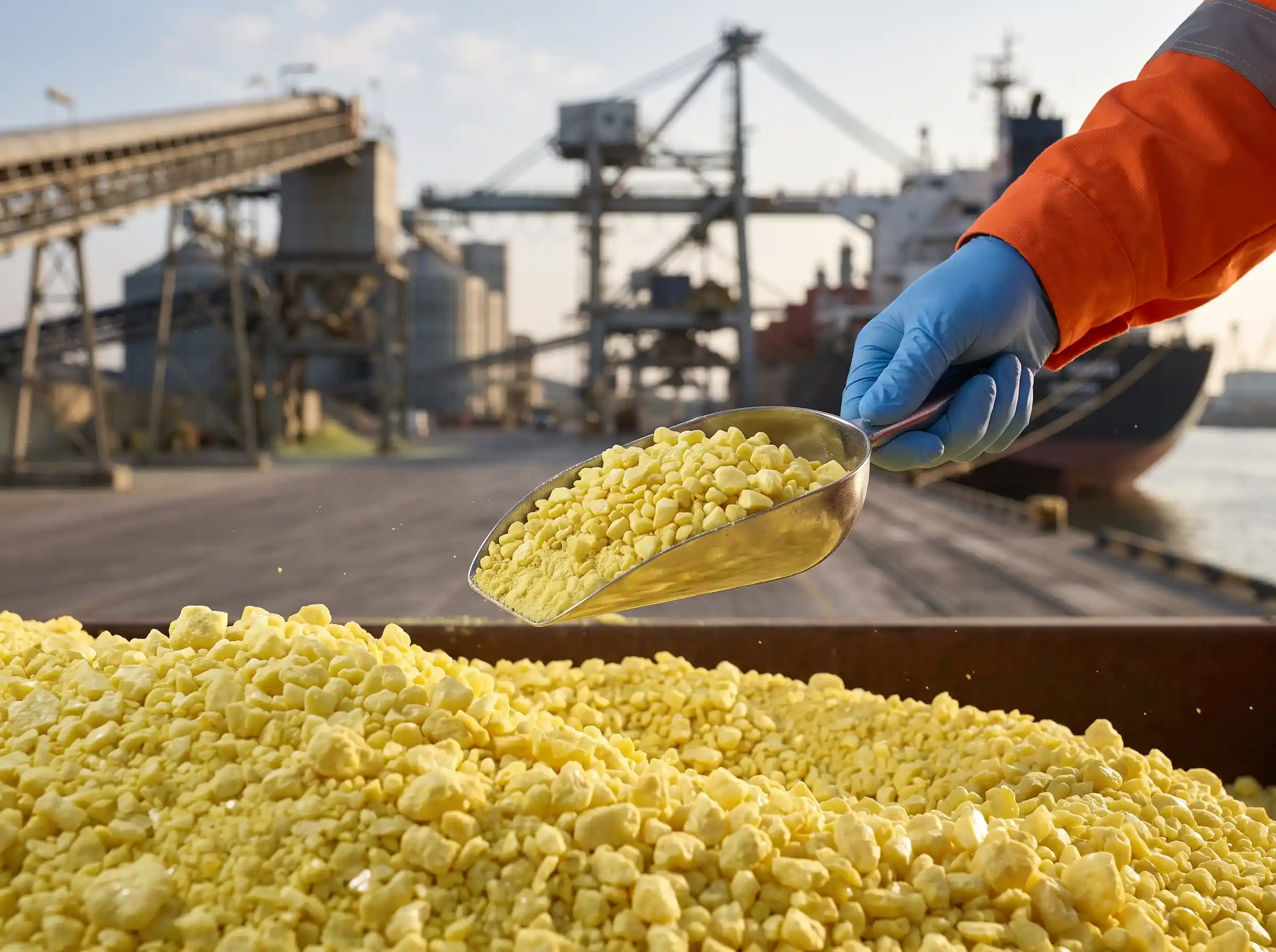SGS third-party inspector sampling a sulfur shipment بازرس شخص ثالث SGS در حال نمونهبرداری از محموله گوگرد گرانول پیش از بارگیری در بندر