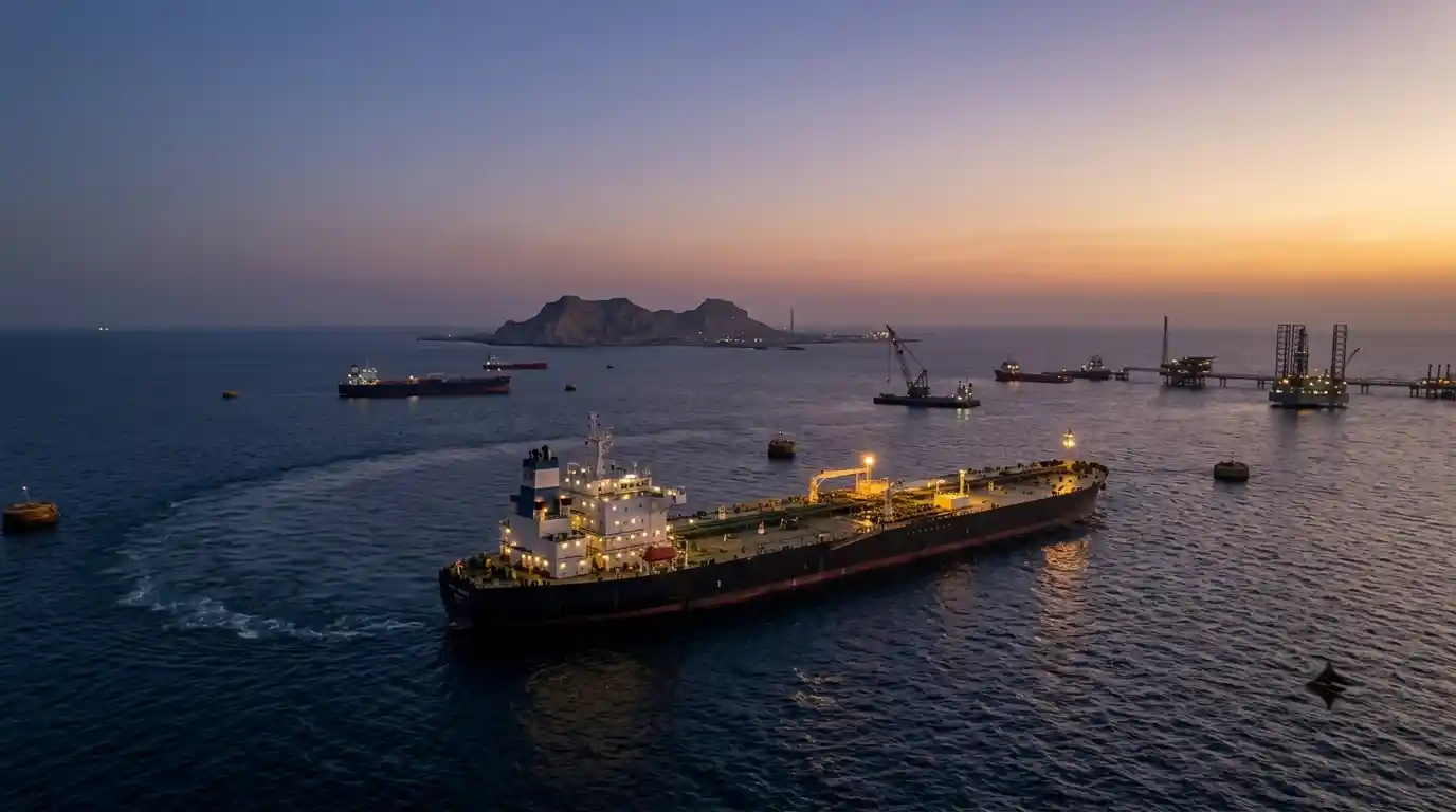 Tanker vessel receiving D2 Diesel at an OPL delivery point near Khark Island at industrial dusk