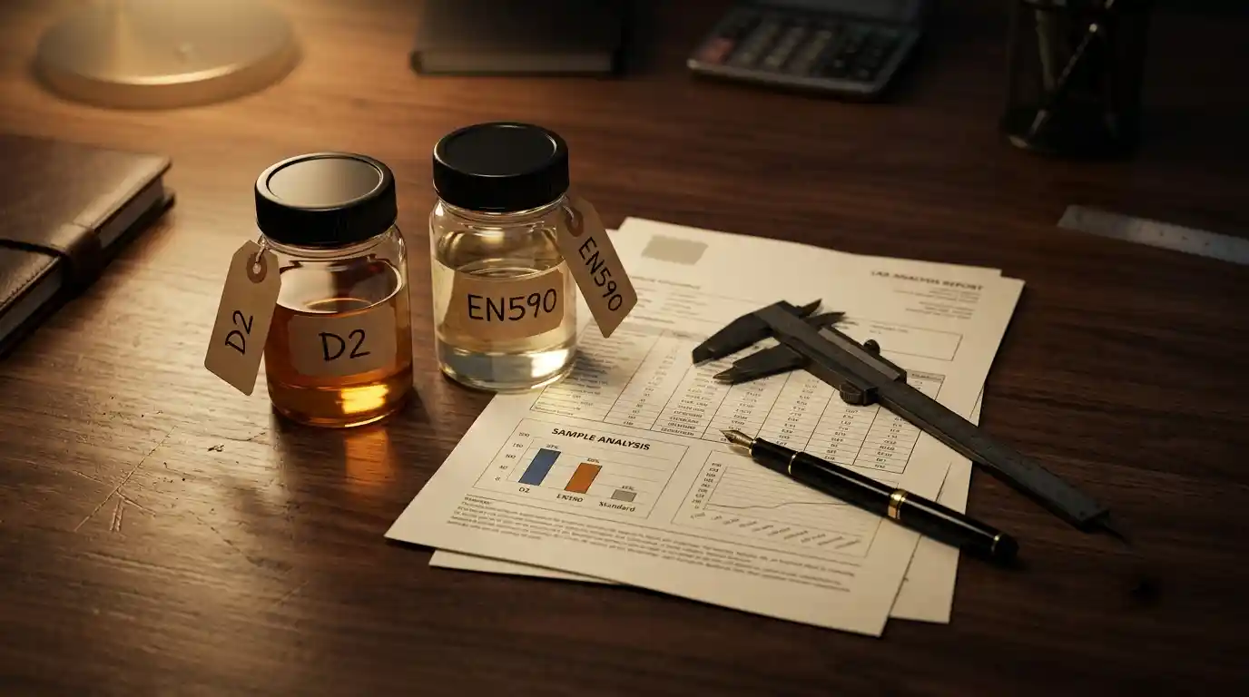 Side-by-side laboratory analysis sheets comparing D2 Diesel and EN590 on a trader's desk