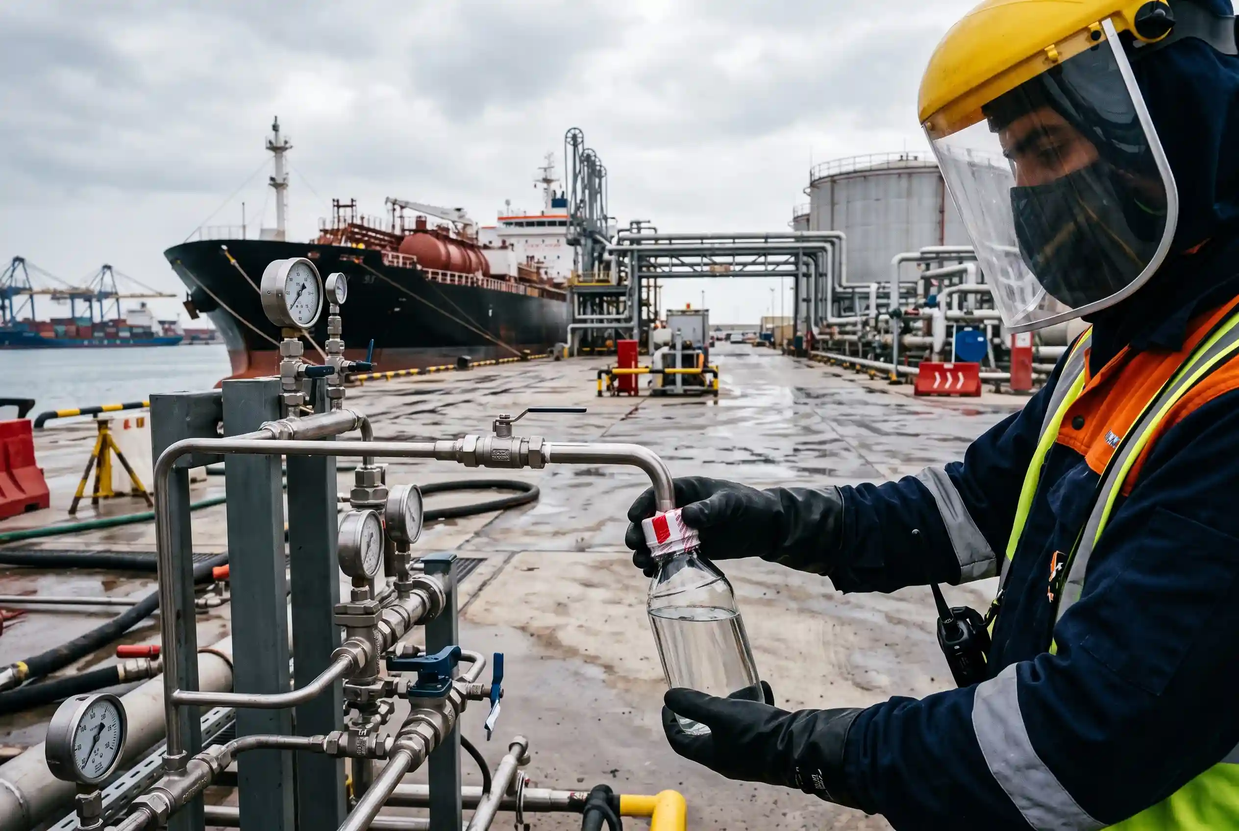 Methanol sampling and quality inspection at a port terminal before loading