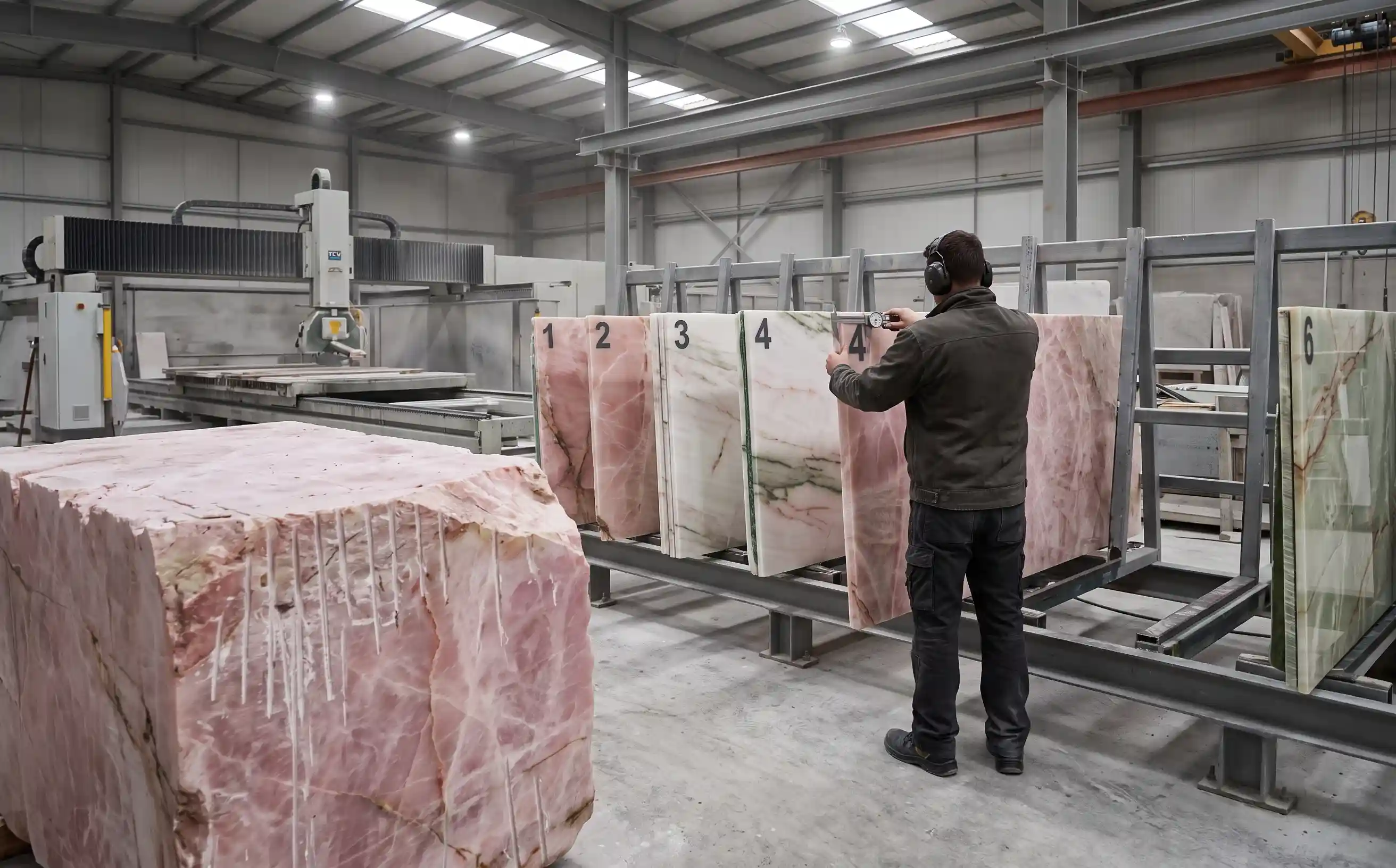Professional transformation of an Iranian onyx block into numbered, resin-treated and polished slabs Professional transformation of an Iranian onyx block into numbered, resin-treated and polished slabs