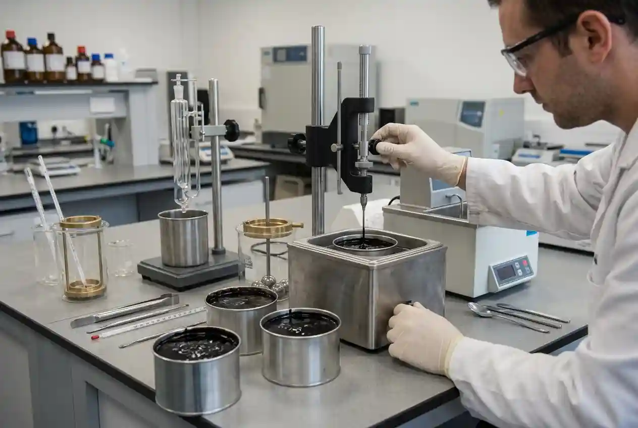 Penetration, viscosity and oxidized bitumen samples in a quality-control laboratory