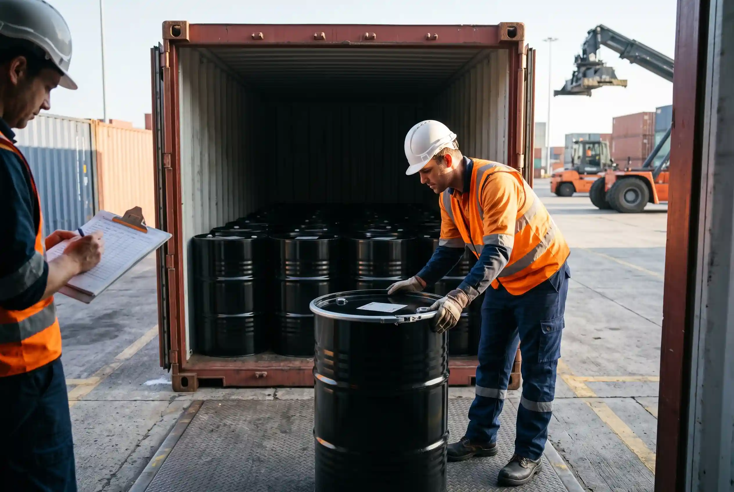 New steel bitumen drums arranged inside a container during cargo inspection