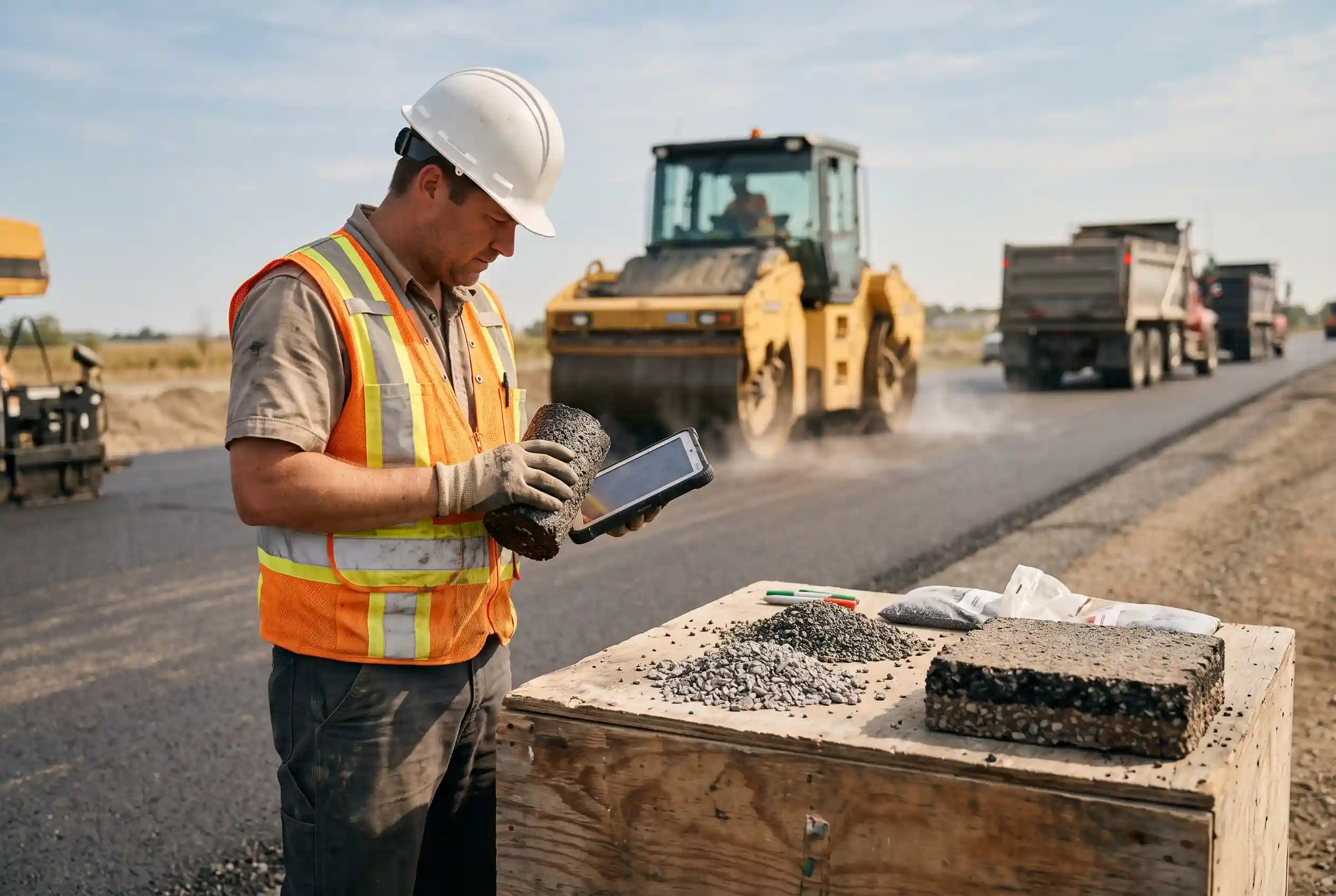 Road engineer reviewing asphalt samples and bitumen grade data at a highway project