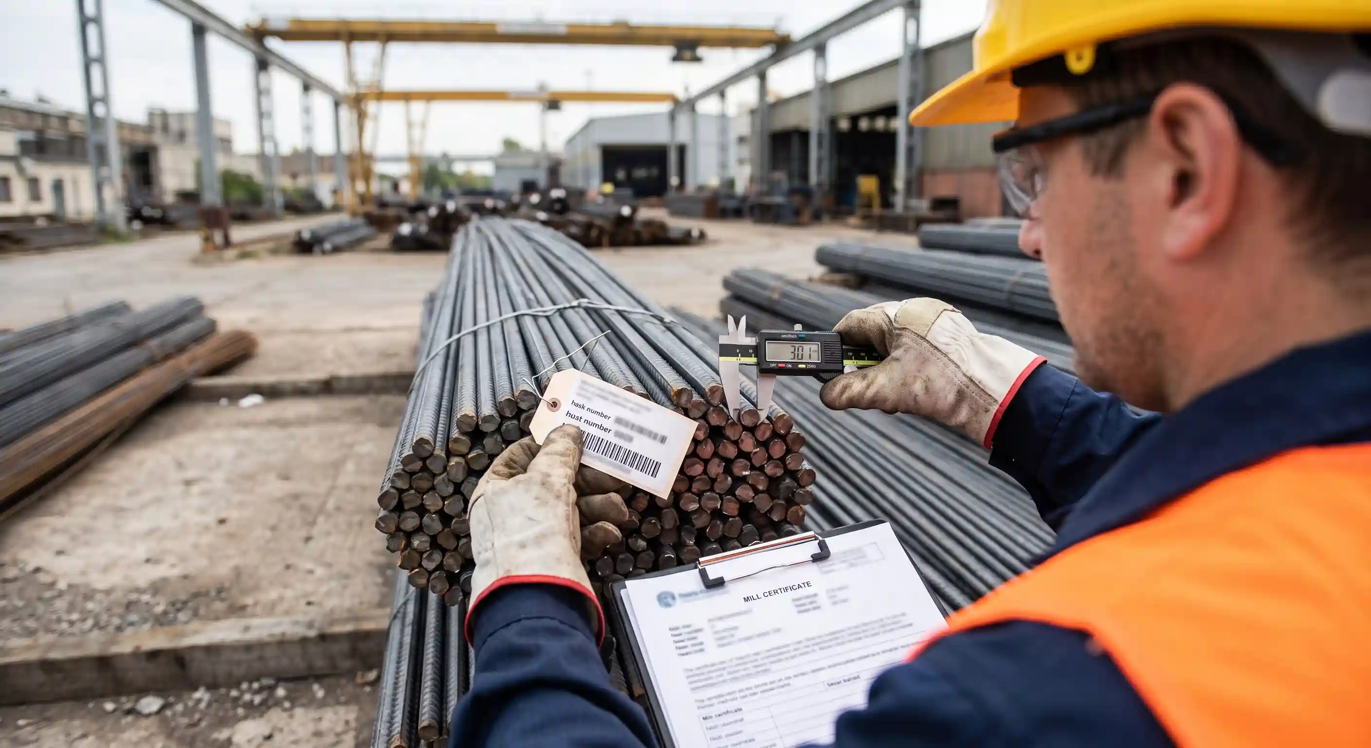 Iranian export rebar bundles at a mill yard with bundle tags checked against mill certificates بازرسی واقعی بندیلهای میلگرد صادراتی ایران در محوطه کارخانه و تطبیق تگ با گواهی کارخانه