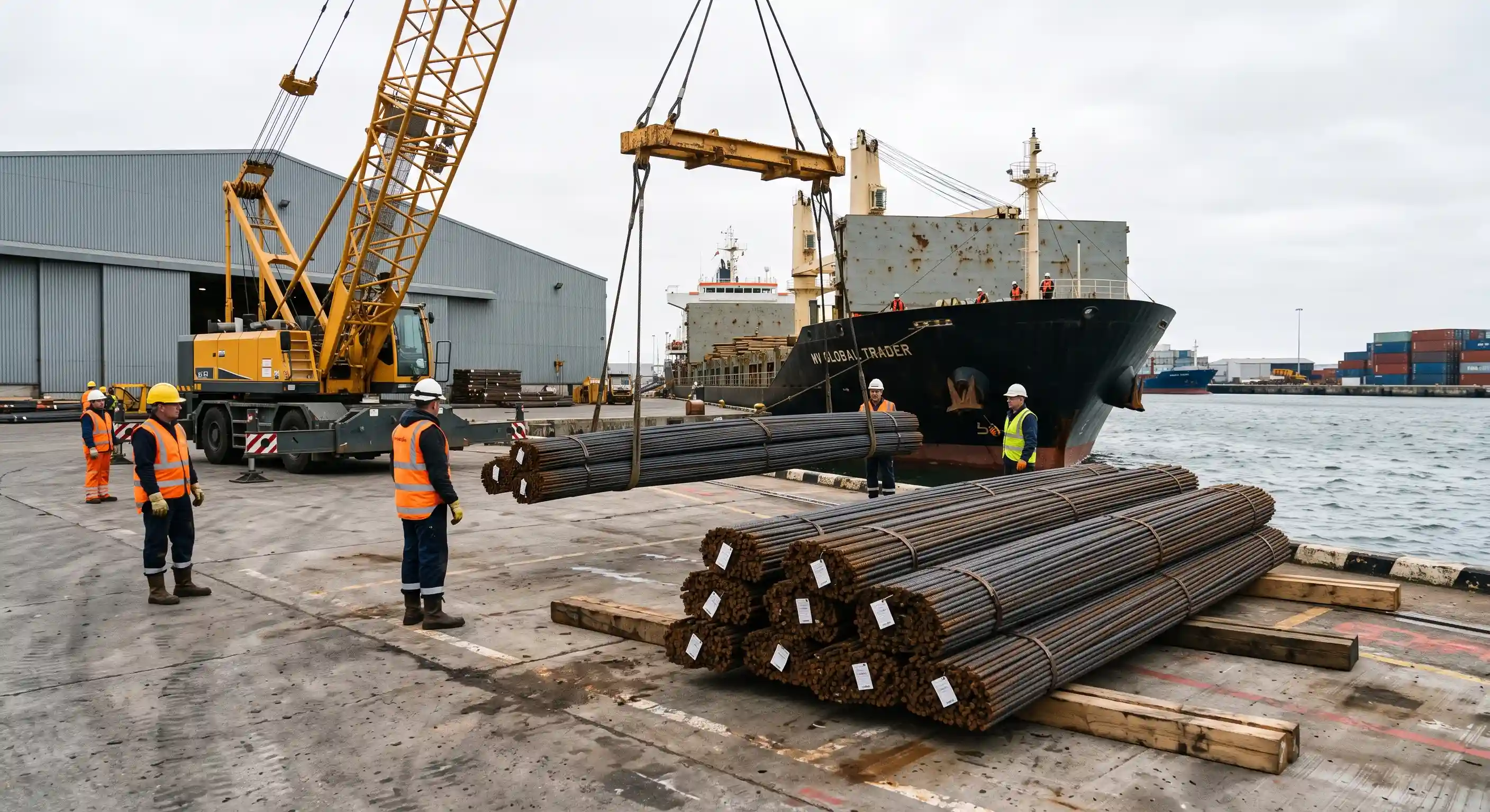 loading of tagged steel rebar bundles at an export port with visible cargo securing checks بارگیری واقعگرایانه بندیلهای میلگرد صادراتی با جرثقیل در بندر و کنترل مهاربندی محموله