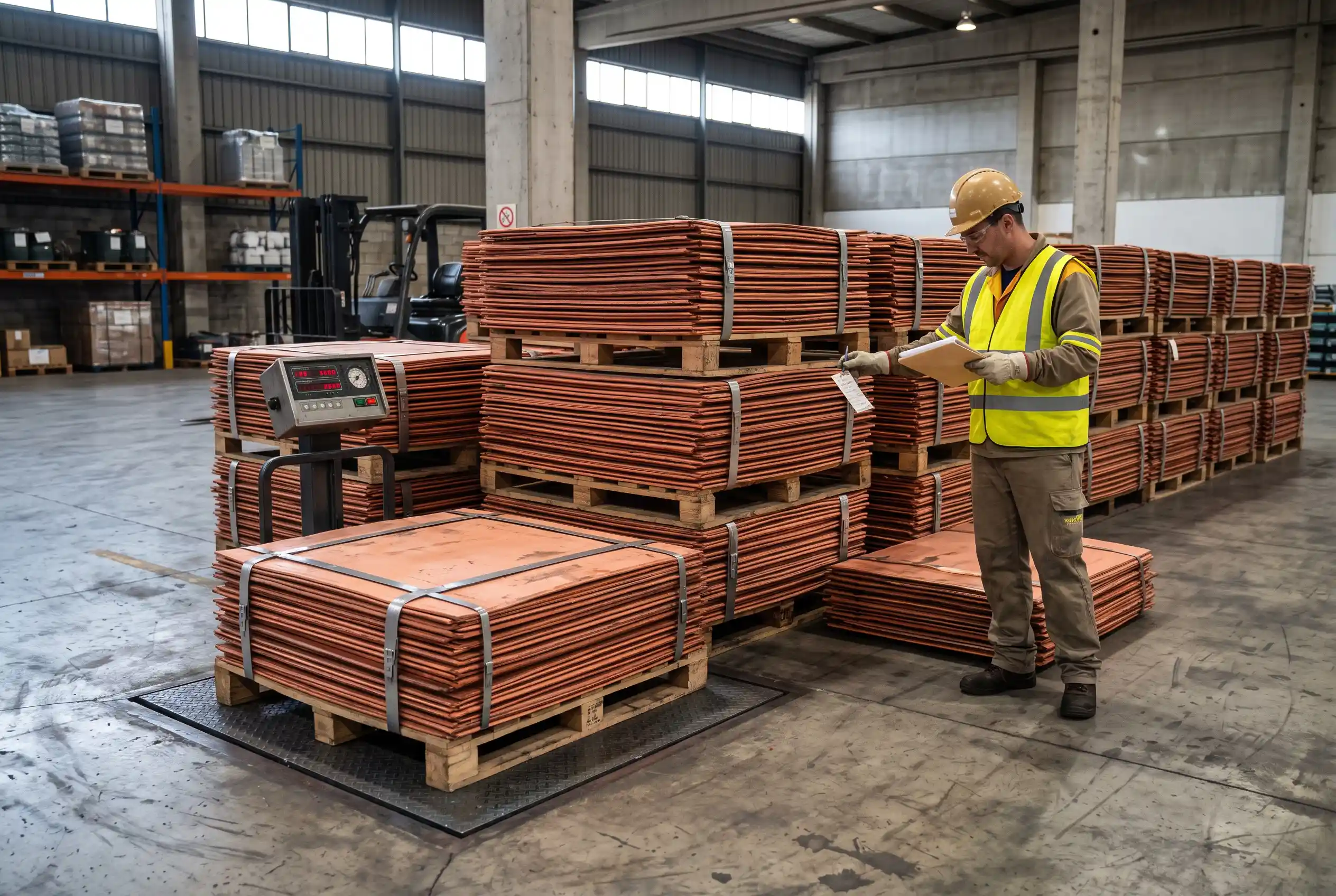 B2B copper cathode warehouse inspection with bundle tags, documentation and industrial weight verification بازرسی کاتد مس در انبار صنعتی همراه با کنترل تگ بستهها، اسناد محموله و وزن