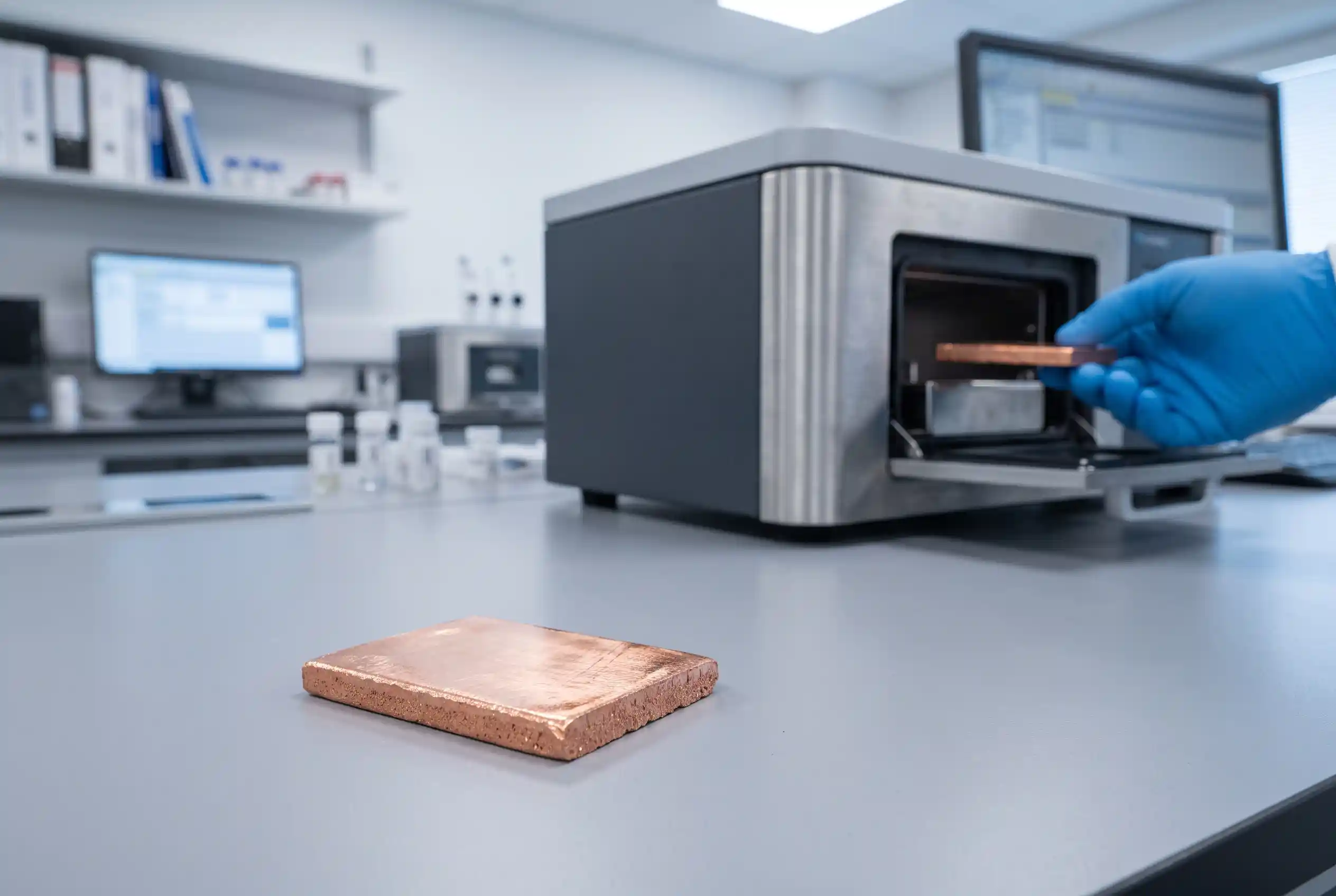 Grade A copper cathode quality-control sample undergoing laboratory elemental composition analysis نمونه کاتد مس Grade A در محیط آزمایشگاه برای آنالیز ترکیب عناصر و کنترل کیفیت