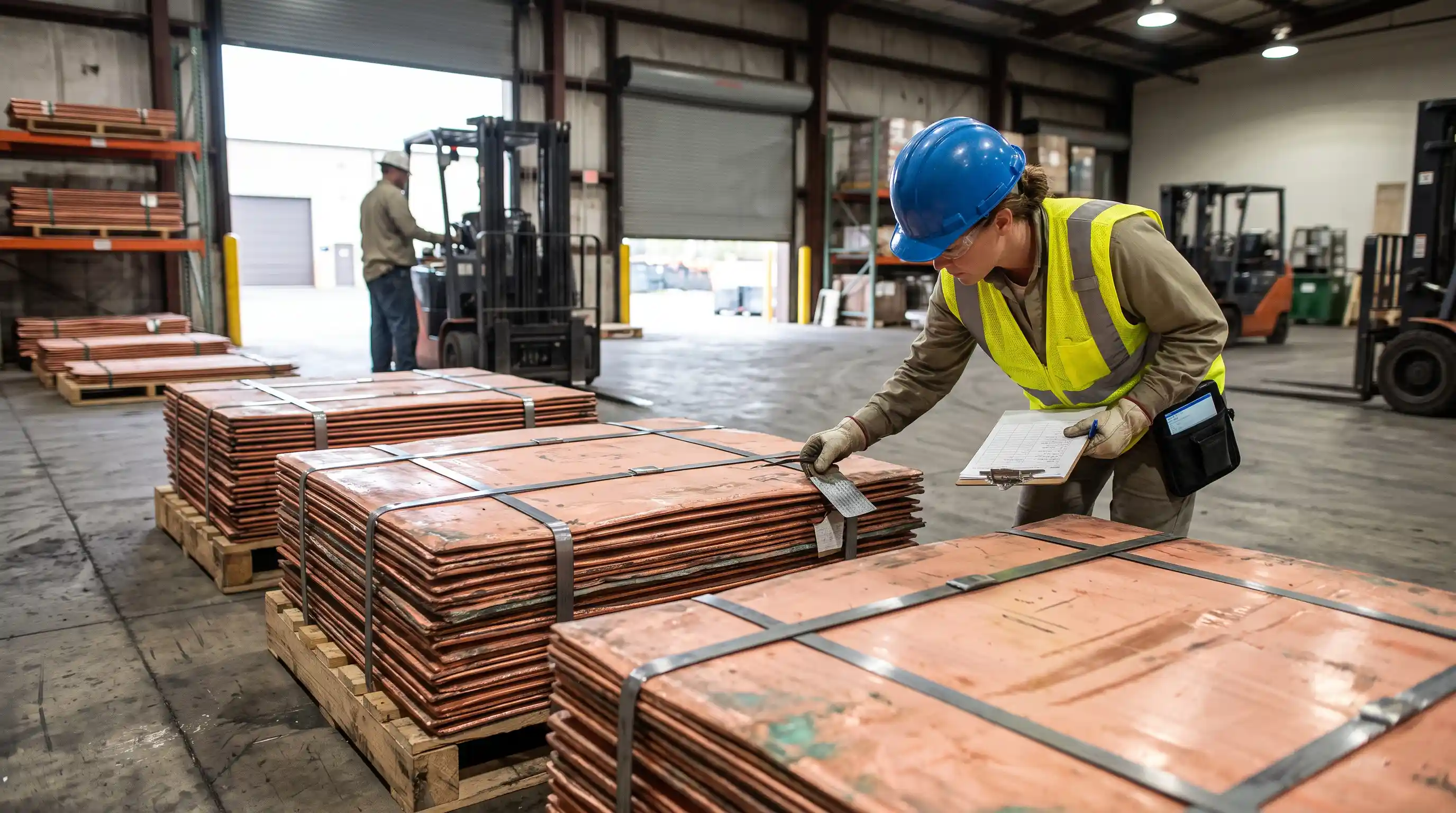 copper cathode cargo inspection and bundled cathode plates before shipment