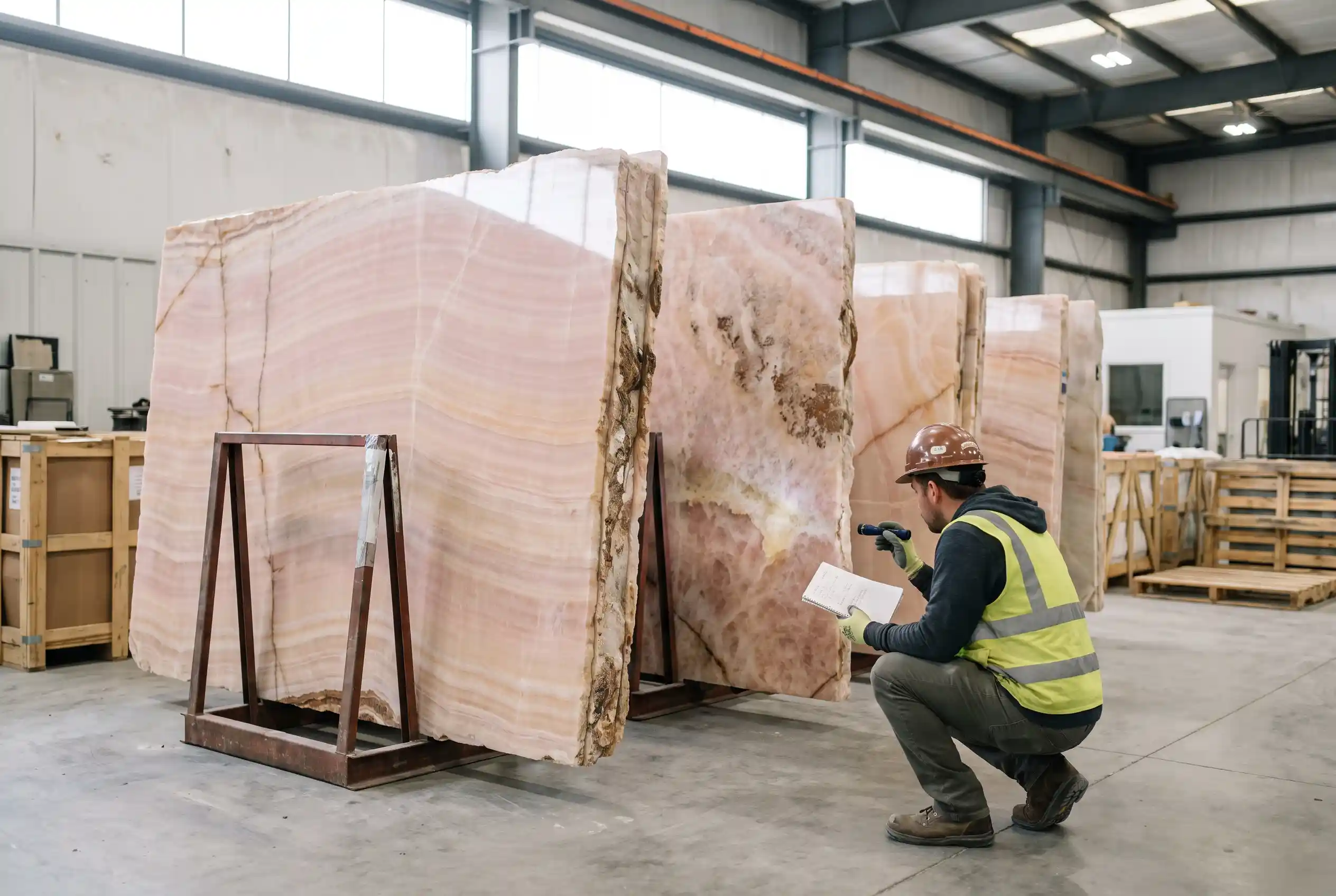 Buyer inspection of multiple pink onyx slabs from one lot before purchase Buyer inspection of multiple pink onyx slabs from one lot before purchase