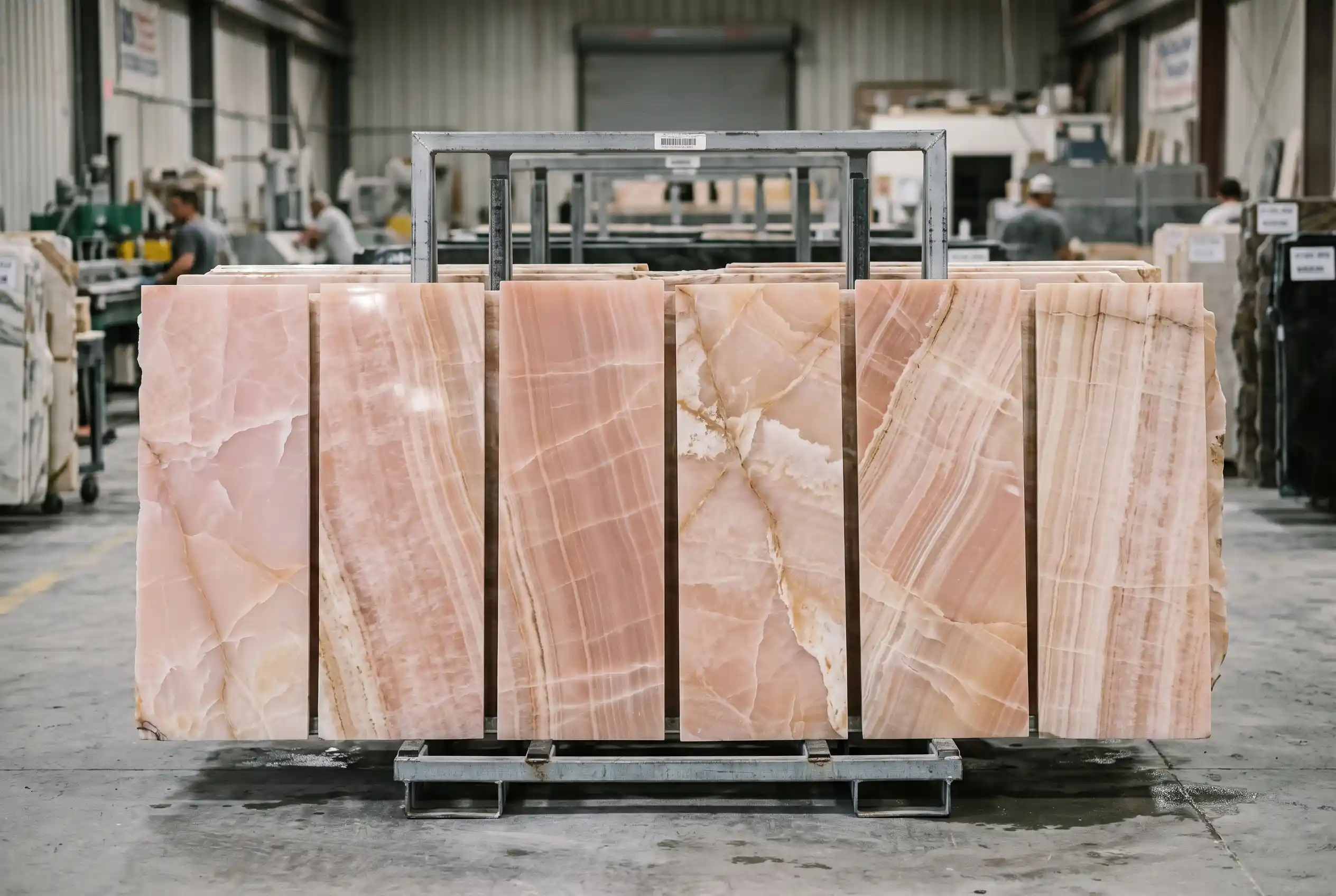 Polished Iranian pink onyx slab showing color range, veining and translucent areas Polished Iranian pink onyx slab showing color range, veining and translucent areas