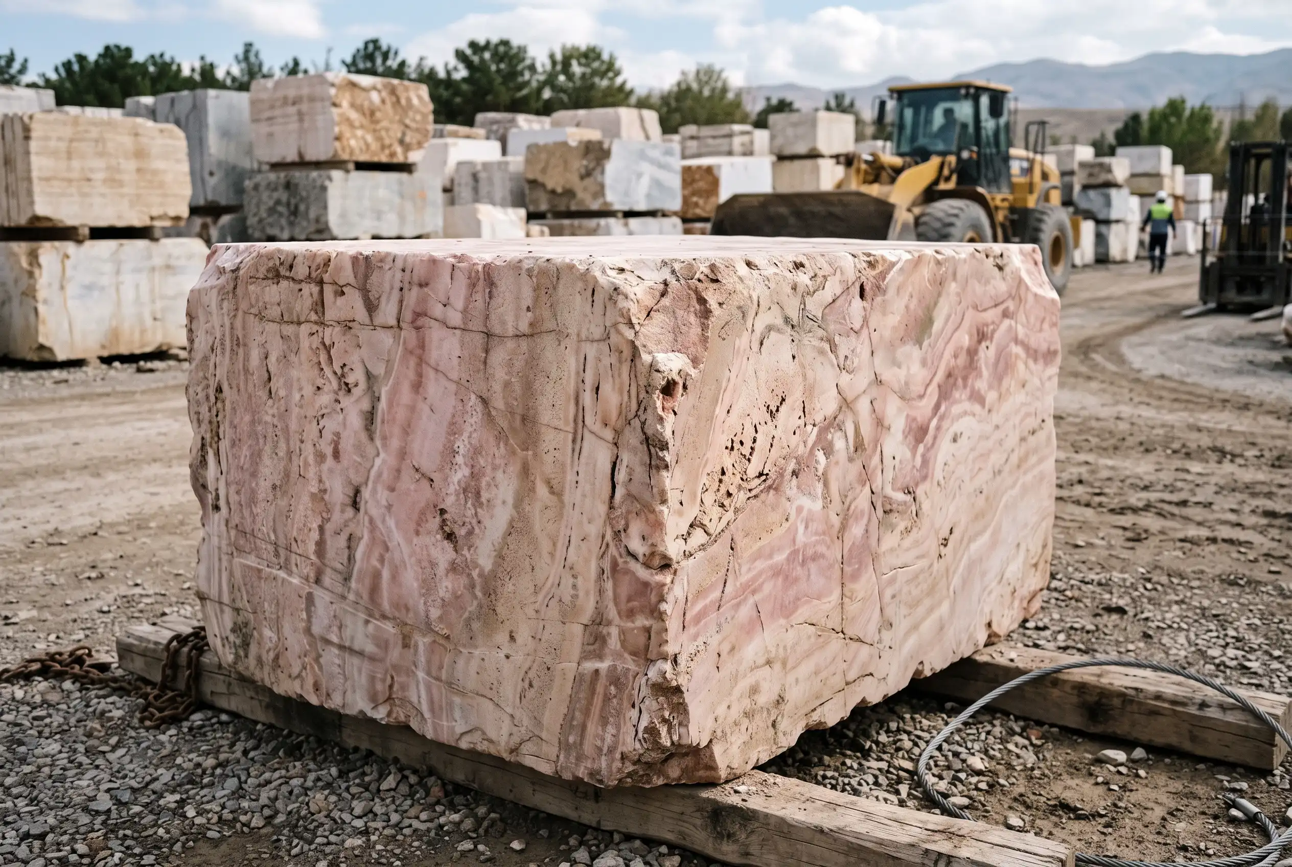 Raw Iranian pink onyx block showing natural color variation and veining - 1 Raw Iranian pink onyx block showing natural color variation and veining