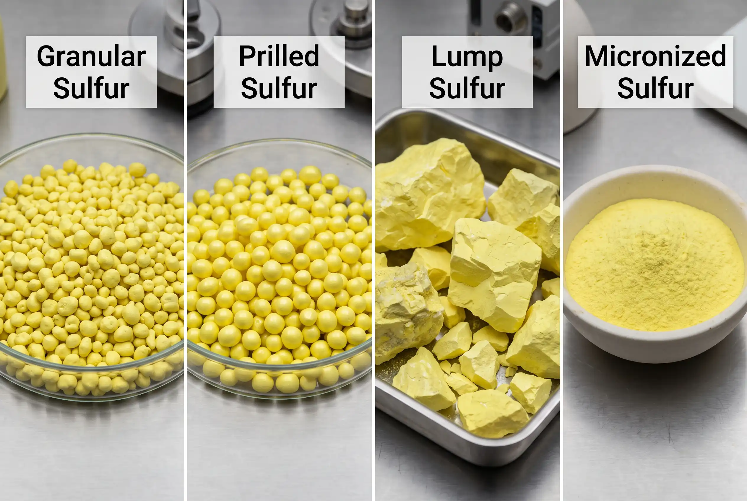 Comparison of granular, prilled, lump and micronized sulfur forms Comparison of granular, prilled, lump and micronized sulfur forms
