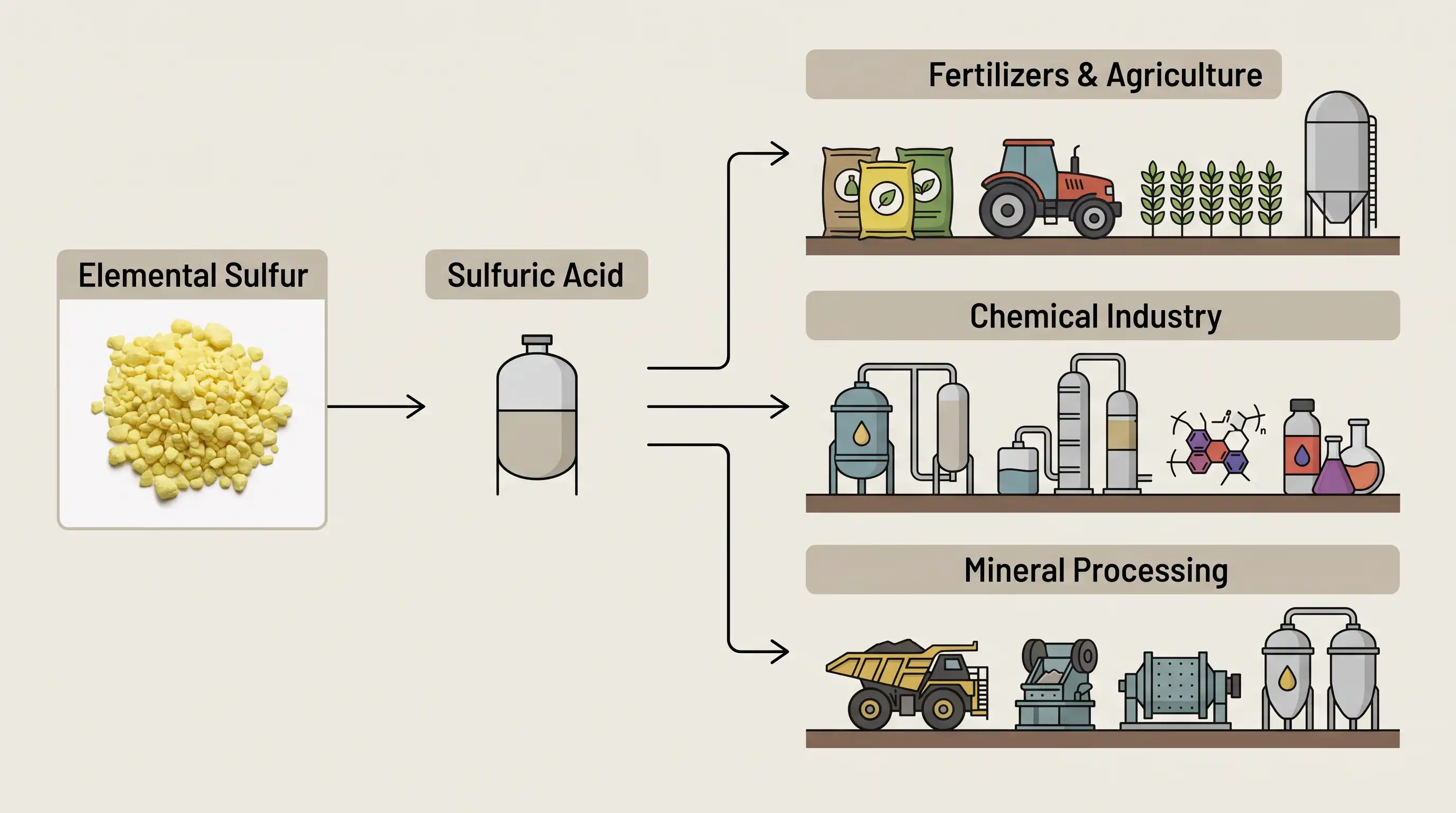 Main industrial uses of sulfur through sulfuric acid and downstream industries Main industrial uses of sulfur through sulfuric acid and downstream industries