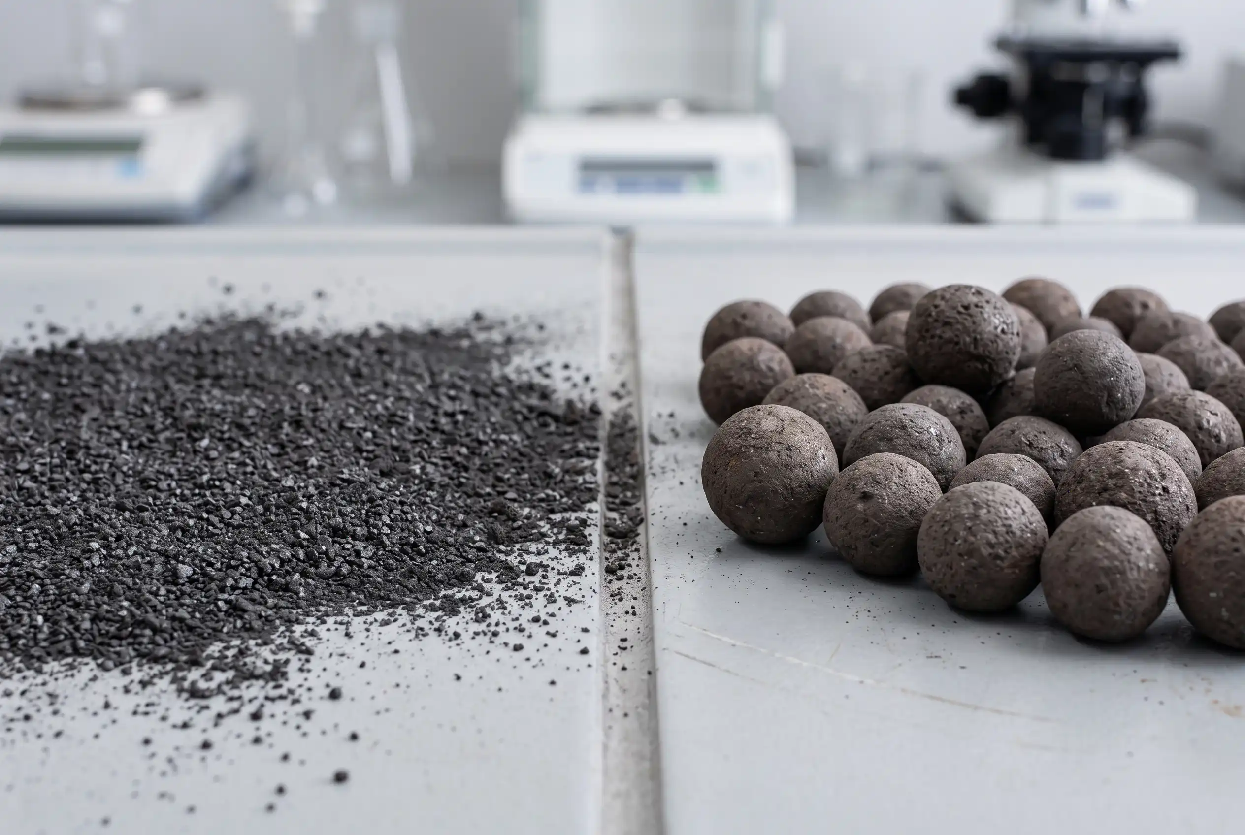 Iron ore concentrate powder compared with finished iron ore pellets مقایسه شکل فیزیکی کنسانتره آهن و گندله آهن