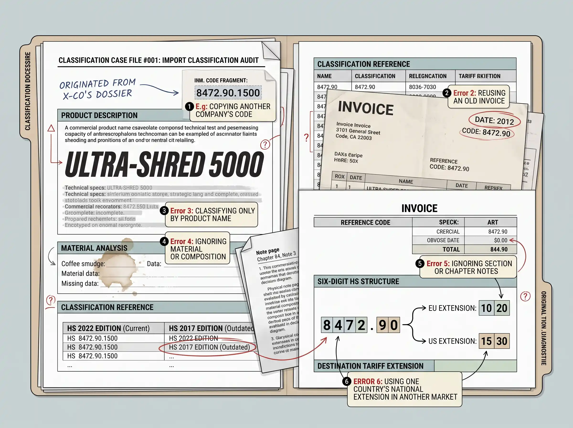 Infographic showing common HS classification mistakes including copied codes, old invoices, product-name-only classification, and national tariff confusion