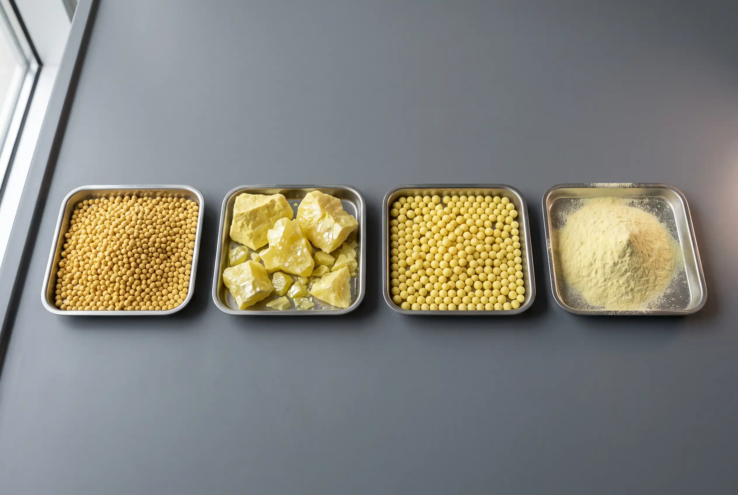 Granular, lump, prilled and micronized sulfur shown as distinct physical forms
