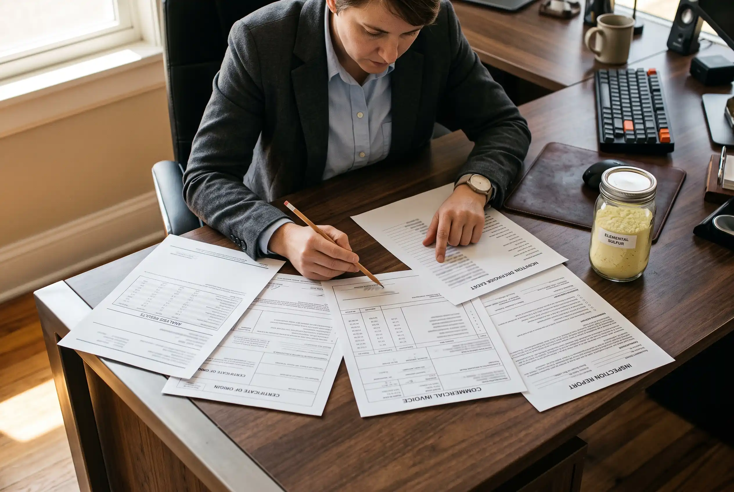 Cross-checking sulfur COA, origin document, commercial paperwork and inspection record