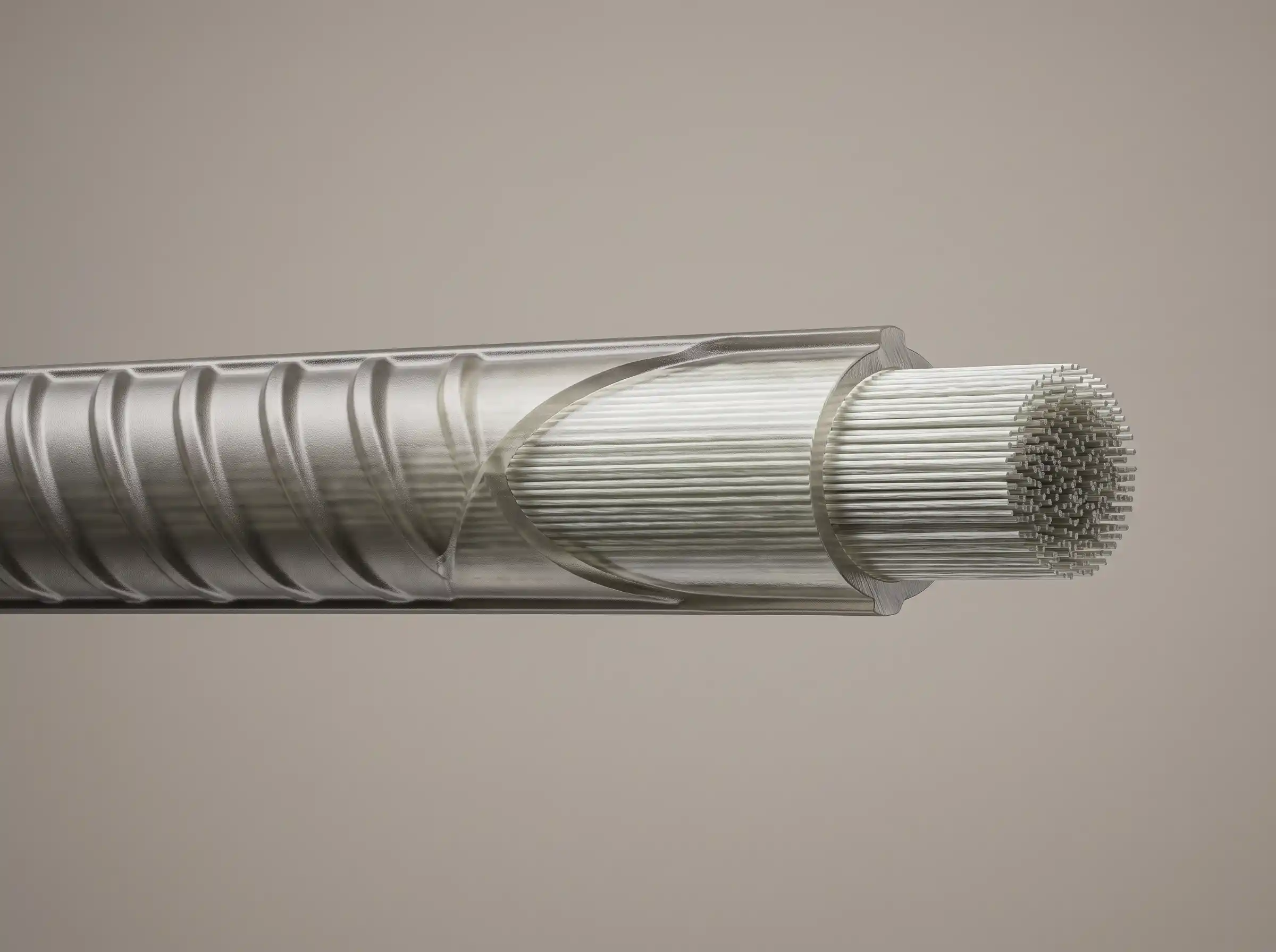 Cutaway anatomy of a GFRP rebar showing continuous glass fibers, polymer resin matrix, and engineered external surface profile Cutaway anatomy of a GFRP rebar showing continuous glass fibers, polymer resin matrix, and engineered external surface profile