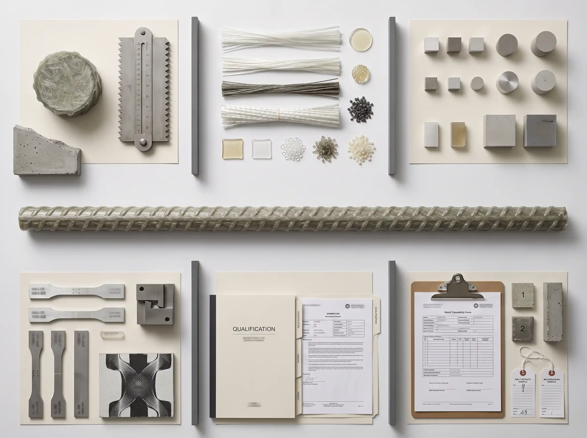 GFRP rebar technical specification map connecting geometry, material system, physical properties, mechanical properties, qualification, and production QC