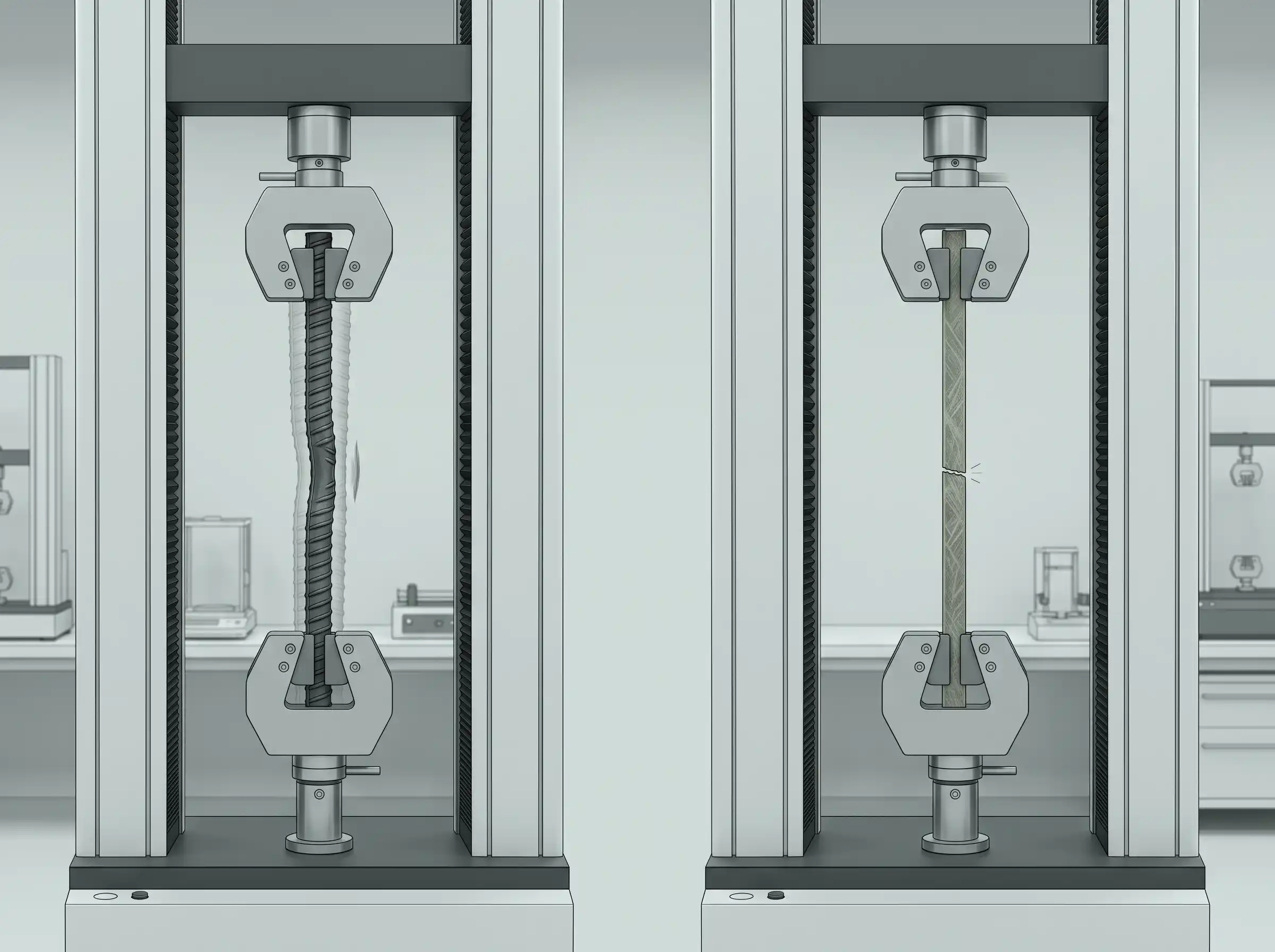 Conceptual non-numerical comparison showing steel progressing from elastic response into yielding while GFRP remains approximately linear to rupture