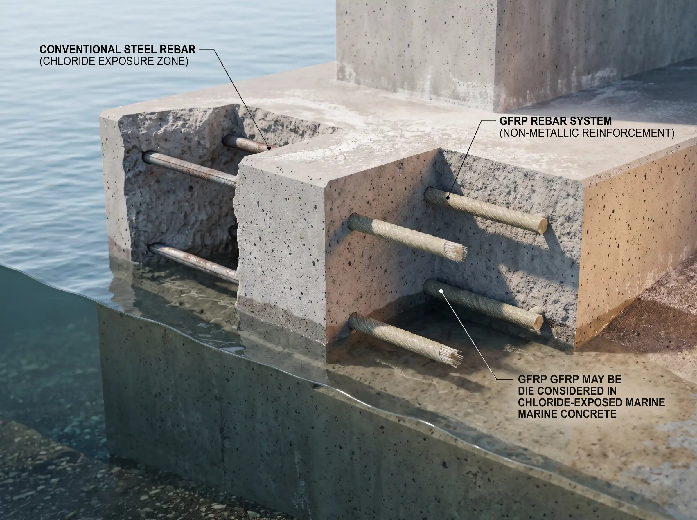 Marine concrete exposed to chlorides, illustrating steel-corrosion concern and GFRP as a non-metallic reinforcement option without an absolute durability claim Marine concrete exposed to chlorides, illustrating steel-corrosion concern and GFRP as a non-metallic reinforcement option without an absolute durability claim