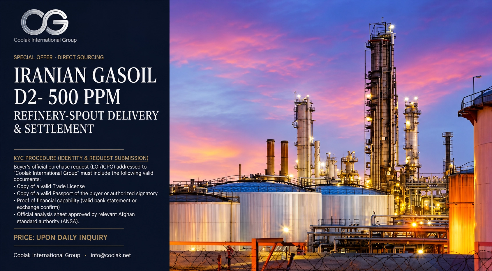 Exclusive Allocation: Gasoil D2 (500 PPM Sulphur) – Shazand Origin (ANSA / Afghan Market Compliant)